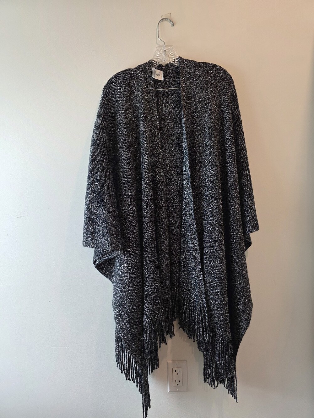 Sears Charcoal Marled Open-Front Fringe Poncho